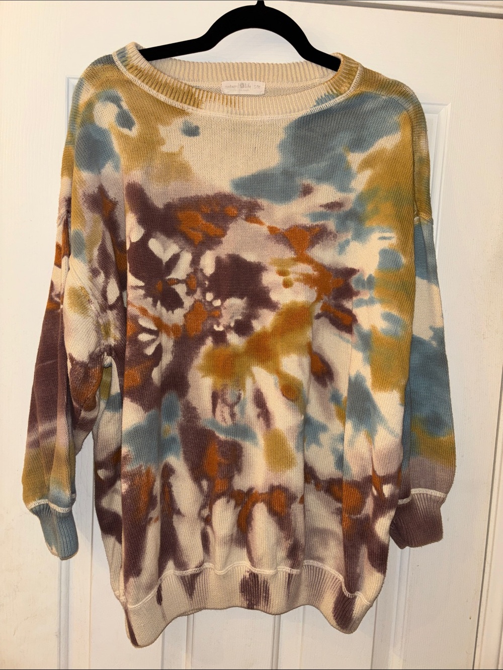 Natural Life Tie-Dye Crewneck Sweater in Cream, Blue & Brown S/M EUC